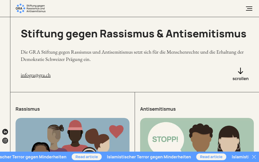 Screenshot der Website von GRA Stiftung gegen Rassismus und Antisemitismus